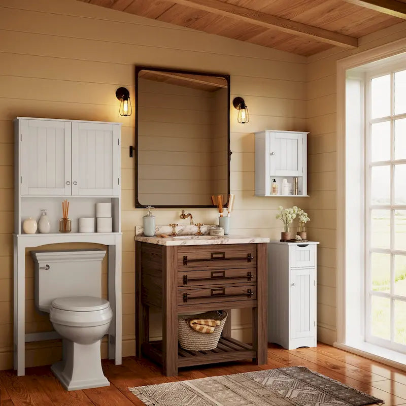 RiverRidge Ashland Single Door Narrow Bathroom and Laundry Storage Cabinet with Drawer and Adjustable Shelves - White