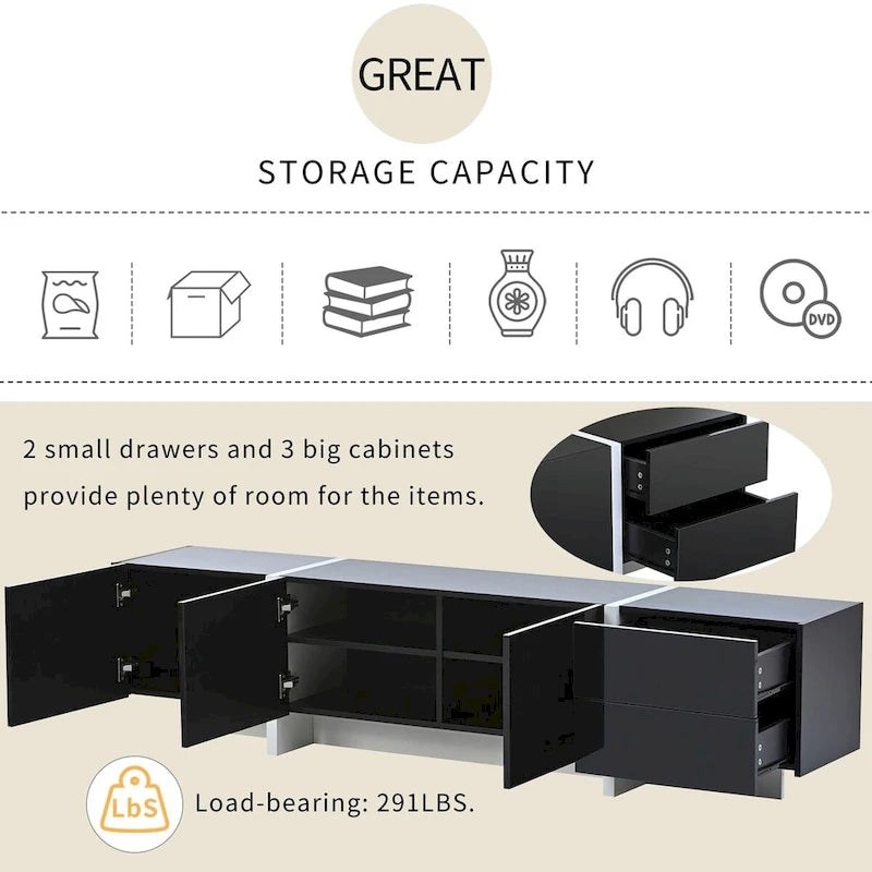 Siavonce White & Black Contemporary Rectangle Design TV Stand - 74.8 W x 13.7 D x 17.7 H