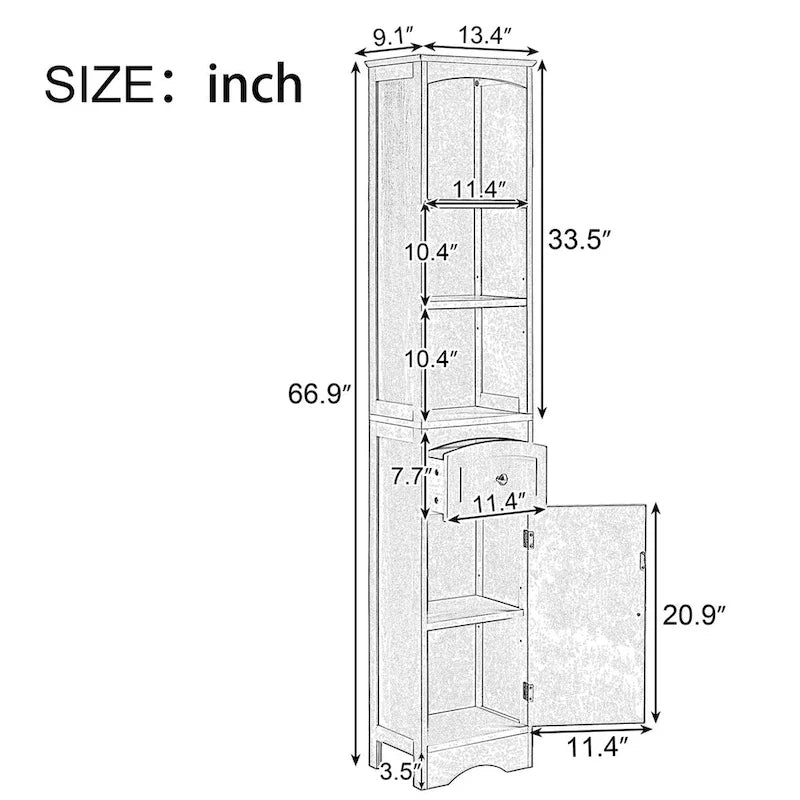 Tall Bathroom Cabinet Freestanding Storage Cabinet with Drawer - 13.4 L x 9.1 W x 66.9 H