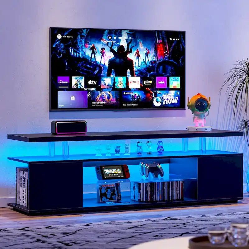 Center Media Storage Console Table with Large Side Cabinet for Living Room - 63.00 L * 16 W * 21 H