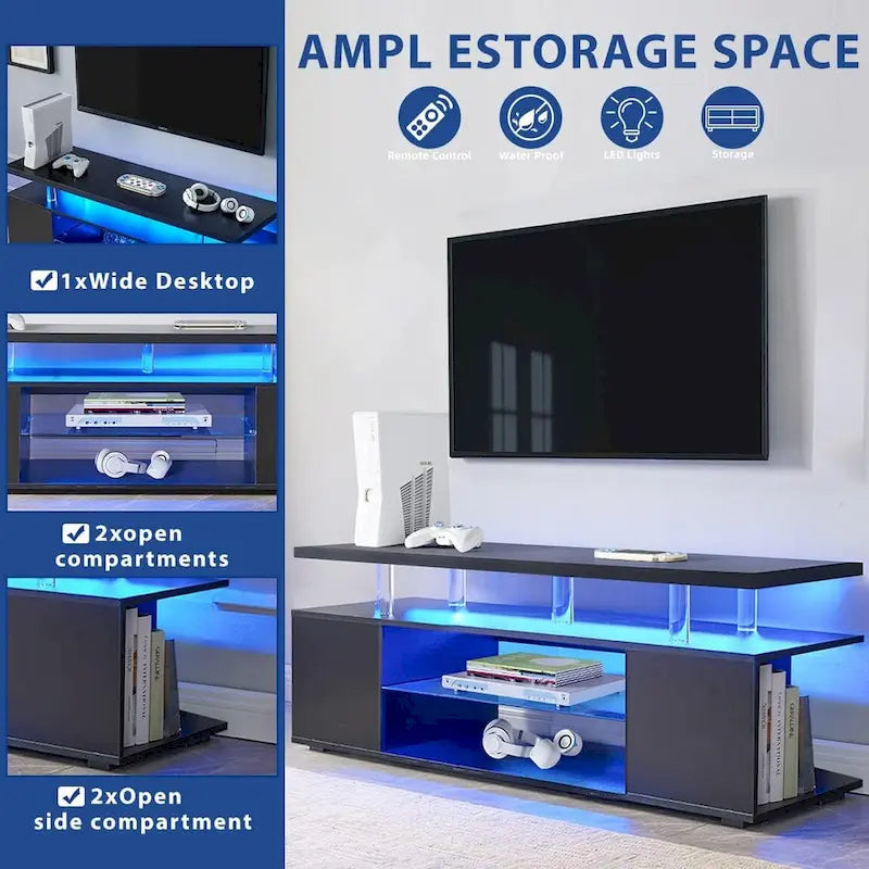 Center Media Storage Console Table with Large Side Cabinet for Living Room - 63.00 L * 16 W * 21 H