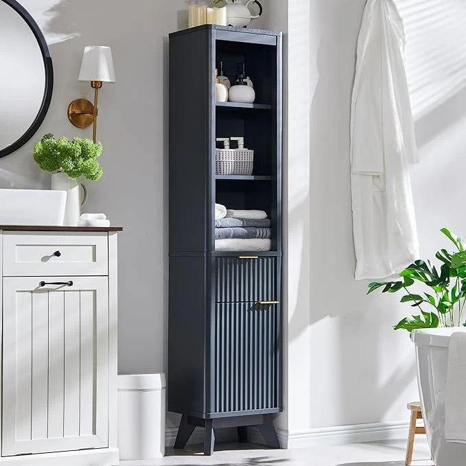 68 Tall Bathroom Narrow Storage Cabinet with Faux Marble Top