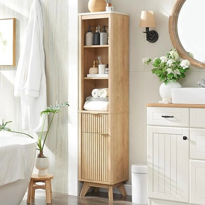 68 Tall Bathroom Narrow Storage Cabinet with Faux Marble Top