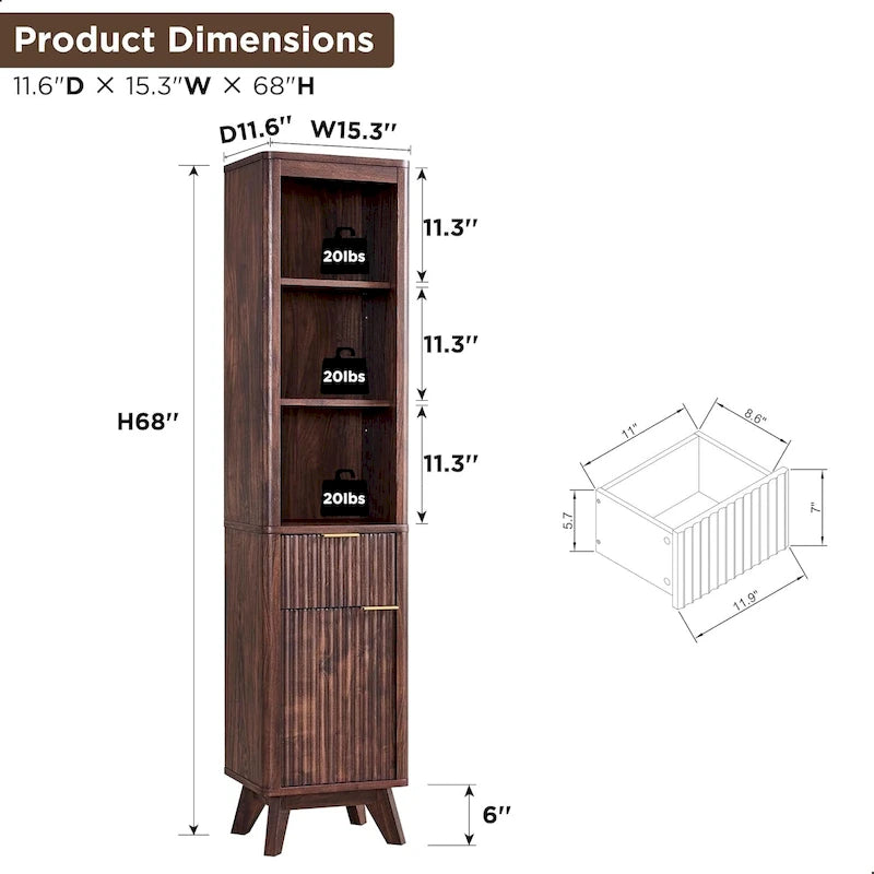 68 Tall Bathroom Narrow Storage Cabinet with Faux Marble Top