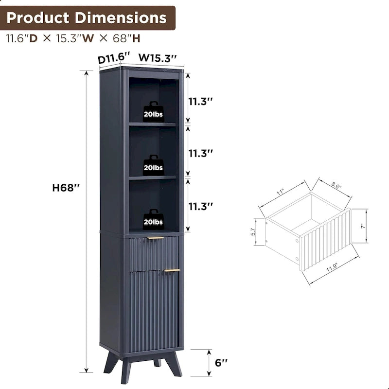 68 Tall Bathroom Narrow Storage Cabinet with Faux Marble Top