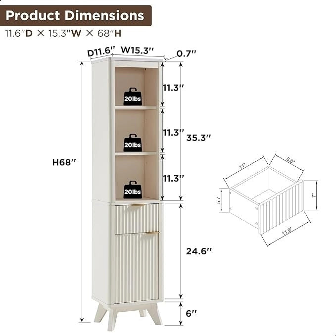 68 Tall Bathroom Narrow Storage Cabinet with Faux Marble Top