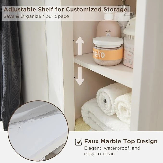 68 Tall Bathroom Narrow Storage Cabinet with Faux Marble Top