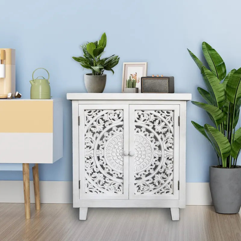 Meuble de rangement d'appoint de style rustique avec 2 portes sculptées creuses, H. 77 cm - 70 x 36 x 77 cm