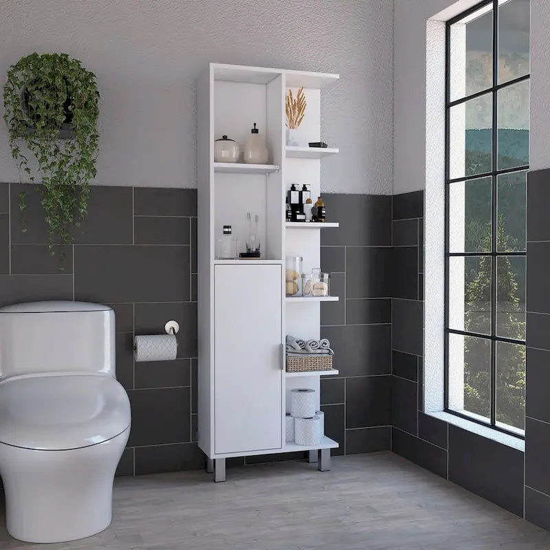 Linen 63-inch High Bathroom Cabinet Linen Storage Cabinet with Seven Open Shelves