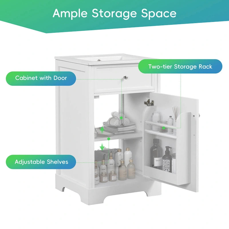 20  Bathroom Vanity with Sink Bathroom Cabinet with Soft Closing Door Storage Rack and Adjustable Shelve White