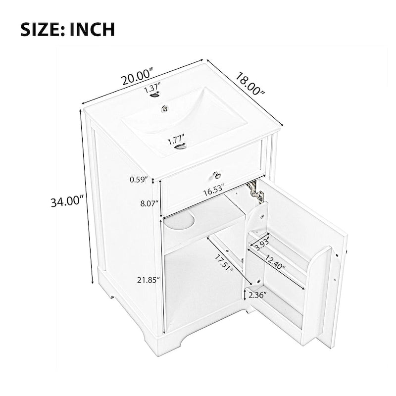 20  Bathroom Vanity with Sink Bathroom Cabinet with Soft Closing Door Storage Rack and Adjustable Shelve White