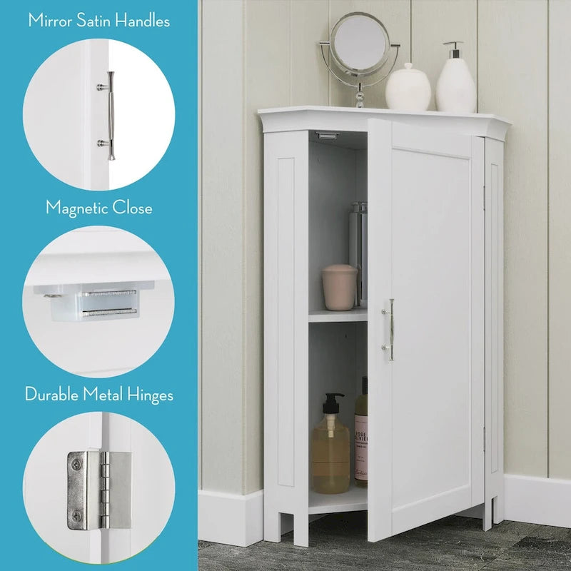 RiverRidge Somerset Corner Floor Bathroom Storage Cabinet Organizer with Doors and an Adjustable Shelf - White