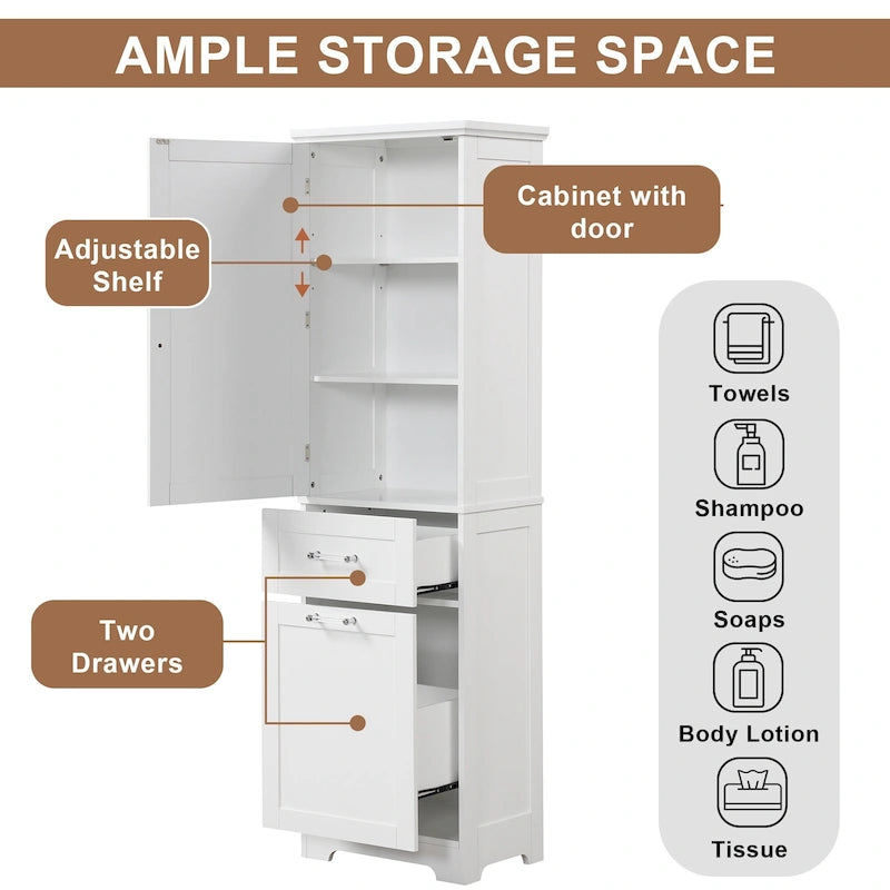 Freestanding Tall Bathroom Storage Cabinet, with 2 Different Size Drawers and Adjustable Shelf, Painted Finish