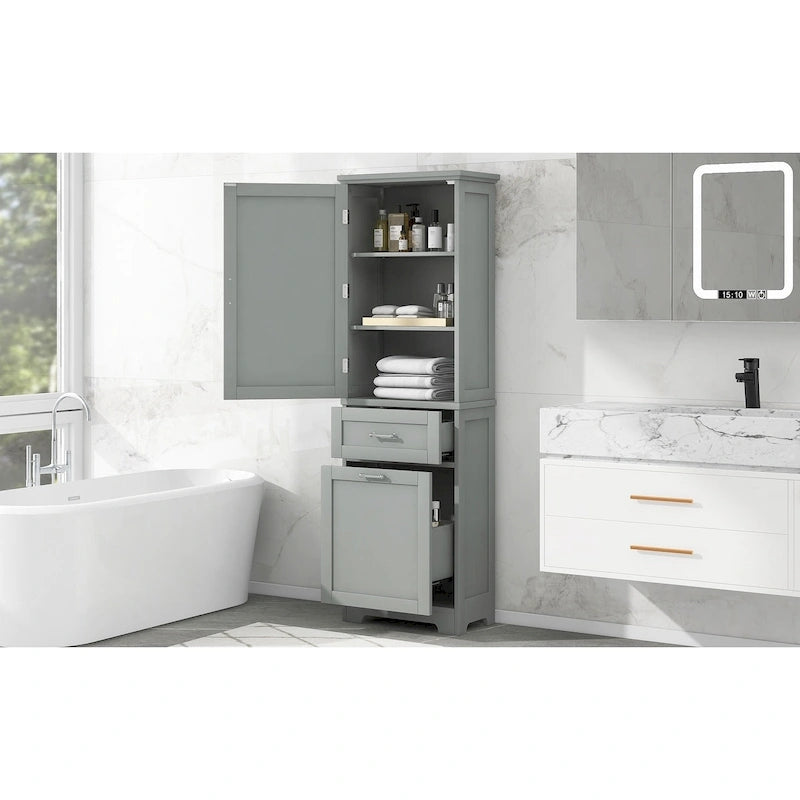 Freestanding Tall Bathroom Storage Cabinet, with 2 Different Size Drawers and Adjustable Shelf, Painted Finish