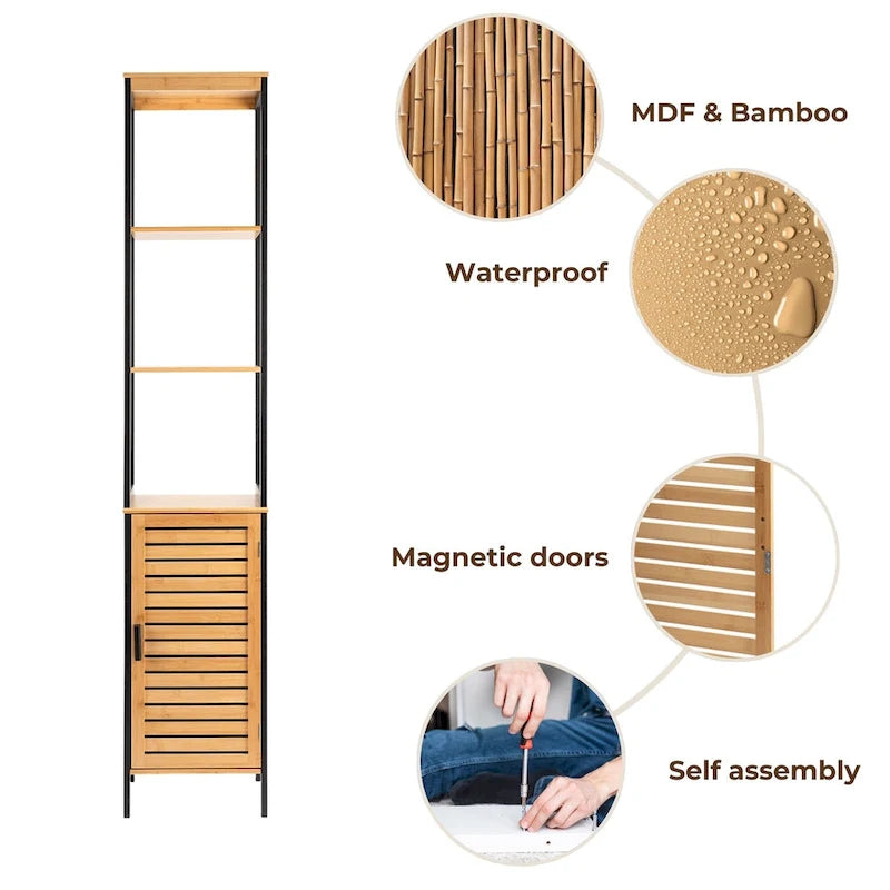 Natural Slim Storage Cabinet with Shelves, Modern Black Frame - 13.4 L x 12 W x 68 H