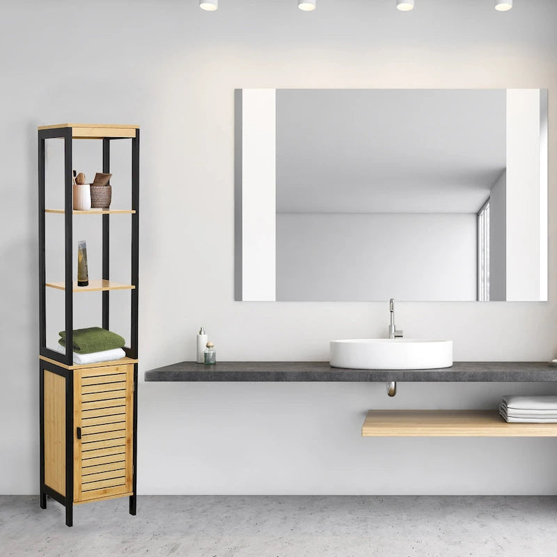 Natural Slim Storage Cabinet with Shelves, Modern Black Frame - 13.4 L x 12 W x 68 H