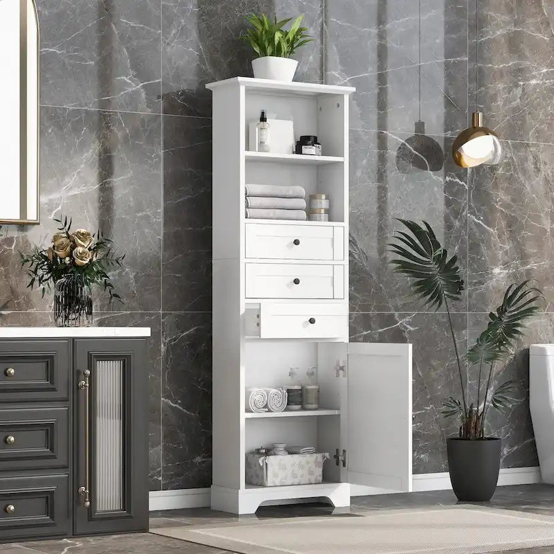Armoire de rangement haute de 68 po avec 3 tiroirs et étagères réglables pour salle de bain, cuisine et salon