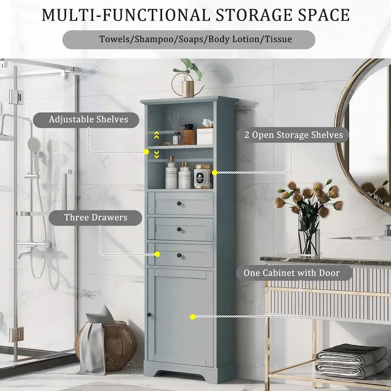Armoire de rangement haute de 68 po avec 3 tiroirs et étagères réglables pour salle de bain, cuisine et salon