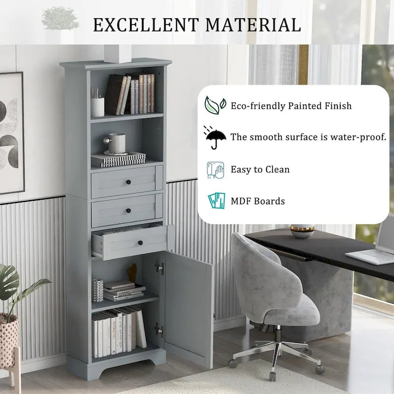 Armoire de rangement haute de 68 po avec 3 tiroirs et étagères réglables pour salle de bain, cuisine et salon