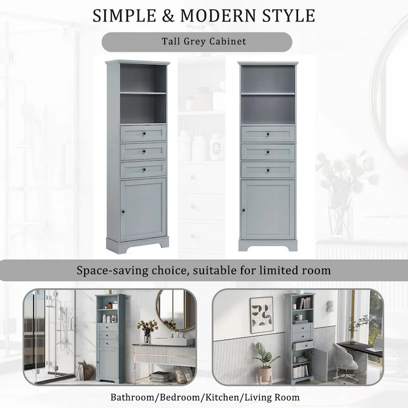 Armoire de rangement haute de 68 po avec 3 tiroirs et étagères réglables pour salle de bain, cuisine et salon