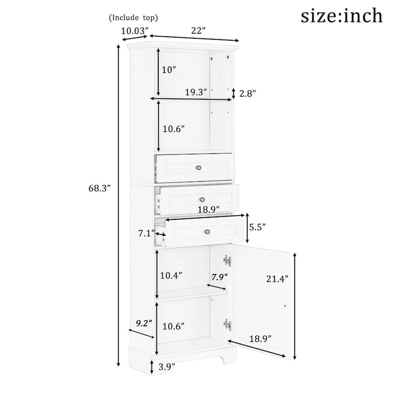 Armoire de rangement haute de 68 po avec 3 tiroirs et étagères réglables pour salle de bain, cuisine et salon