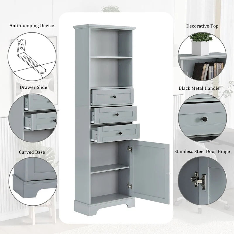 Armoire de rangement haute de 68 po avec 3 tiroirs et étagères réglables pour salle de bain, cuisine et salon
