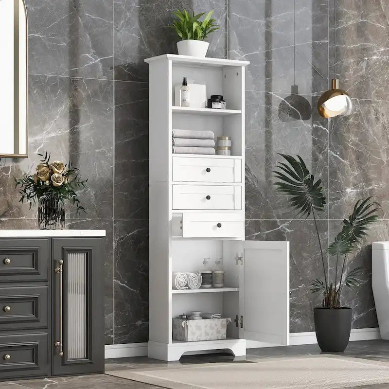 Armoire de rangement haute de 68 po avec 3 tiroirs et étagères réglables pour salle de bain, cuisine et salon