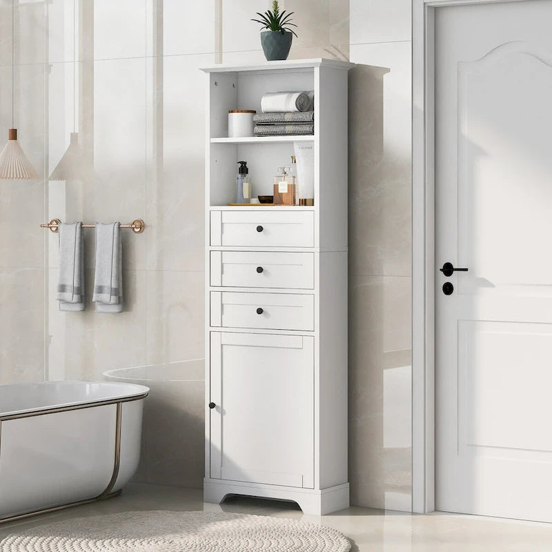 Armoire de rangement haute de 68 po avec 3 tiroirs et étagères réglables pour salle de bain, cuisine et salon