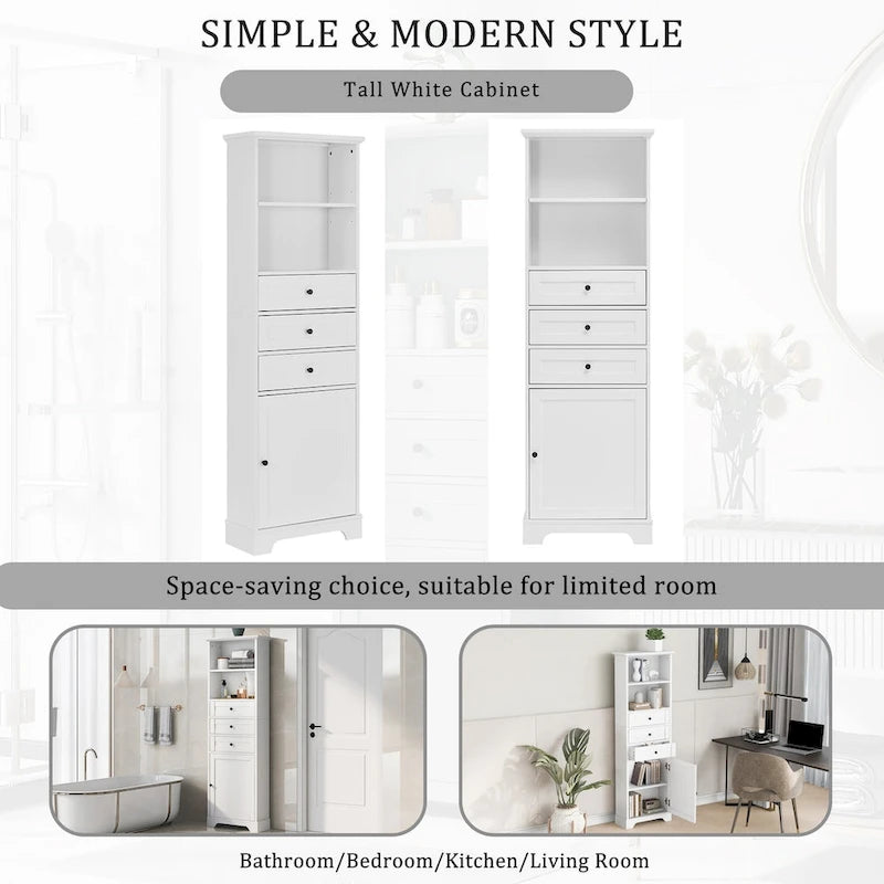 Armoire de rangement haute de 68 po avec 3 tiroirs et étagères réglables pour salle de bain, cuisine et salon