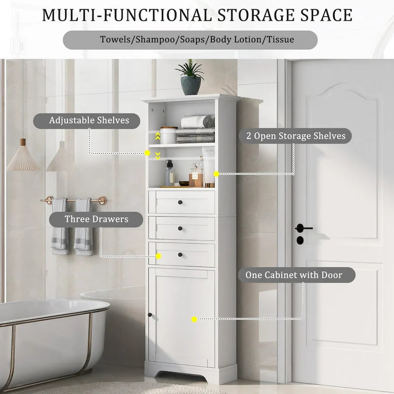 Armoire de rangement haute de 68 po avec 3 tiroirs et étagères réglables pour salle de bain, cuisine et salon