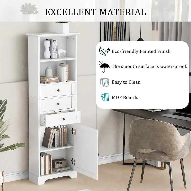 Armoire de rangement haute de 68 po avec 3 tiroirs et étagères réglables pour salle de bain, cuisine et salon
