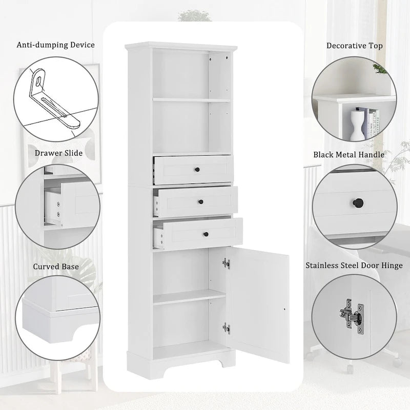 Armoire de rangement haute de 68 po avec 3 tiroirs et étagères réglables pour salle de bain, cuisine et salon