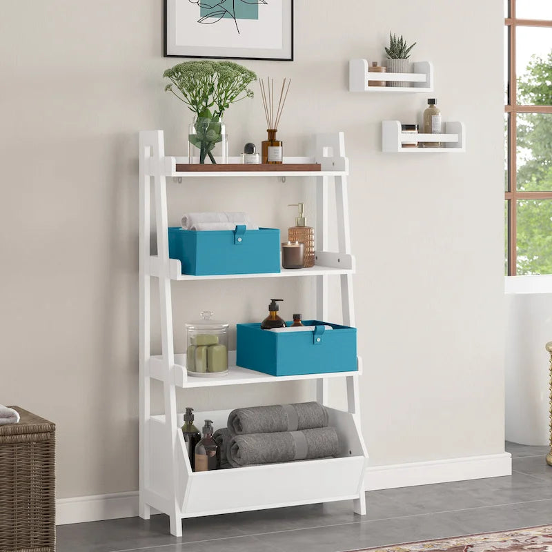 RiverRidge Amery 4-Tier 24in Ladder Shelf with Display Shelf and Storage Organizer Bin - White with 2 10  Floating Bookshelves