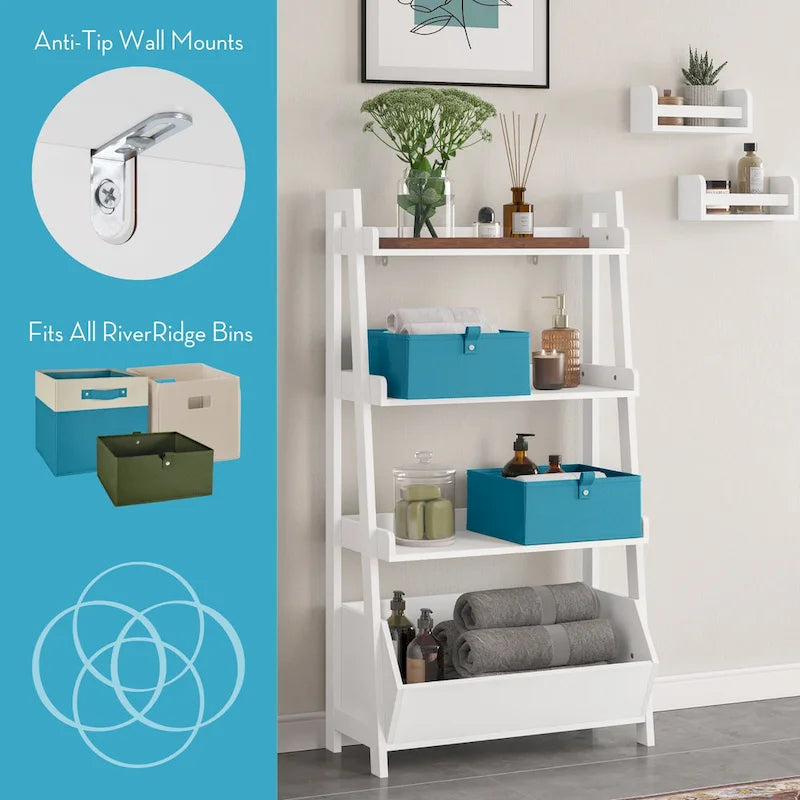 RiverRidge Amery 4-Tier 24in Ladder Shelf with Display Shelf and Storage Organizer Bin - White with 2 10  Floating Bookshelves