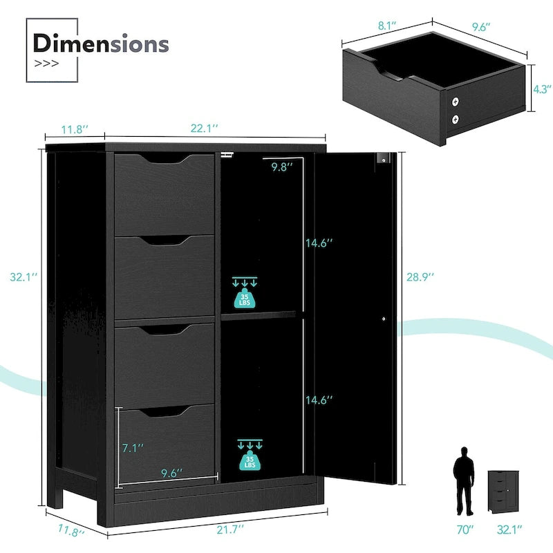 Futzca Bathroom Floor Storage Cabinet, Freestanding Pantry Cabinet with 4 Drawers and 1 Door