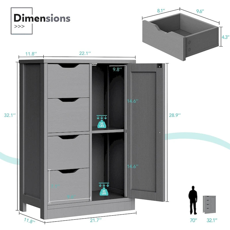 Futzca Bathroom Floor Storage Cabinet, Freestanding Pantry Cabinet with 4 Drawers and 1 Door