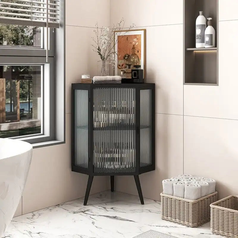 Meuble d'angle de salle de bain Grondin Modern Style 22.25 avec portes en verre trempé et étagère intérieure réglable