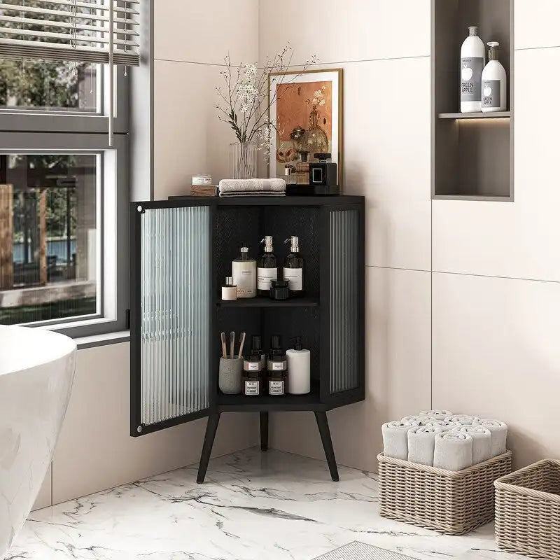 Meuble d'angle de salle de bain Grondin Modern Style 22.25 avec portes en verre trempé et étagère intérieure réglable