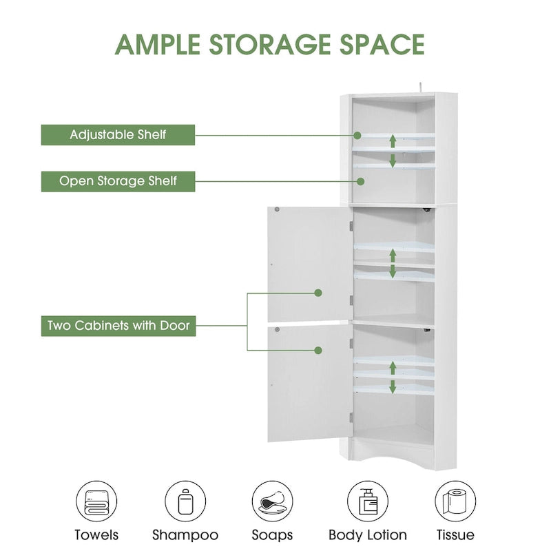 Tall Freestanding Bathroom Corner Cabinet with Doors and Adjustable Shelves