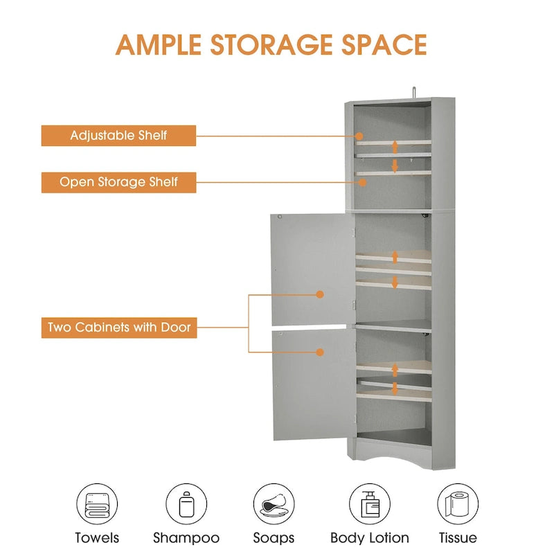 Tall Freestanding Bathroom Corner Cabinet with Doors and Adjustable Shelves