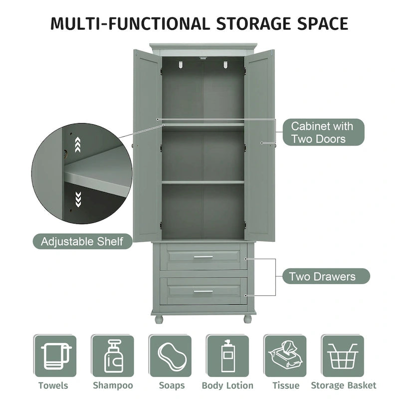 Tall Storage Cabinet with Two Drawers for Bathroom/Office, Grey
