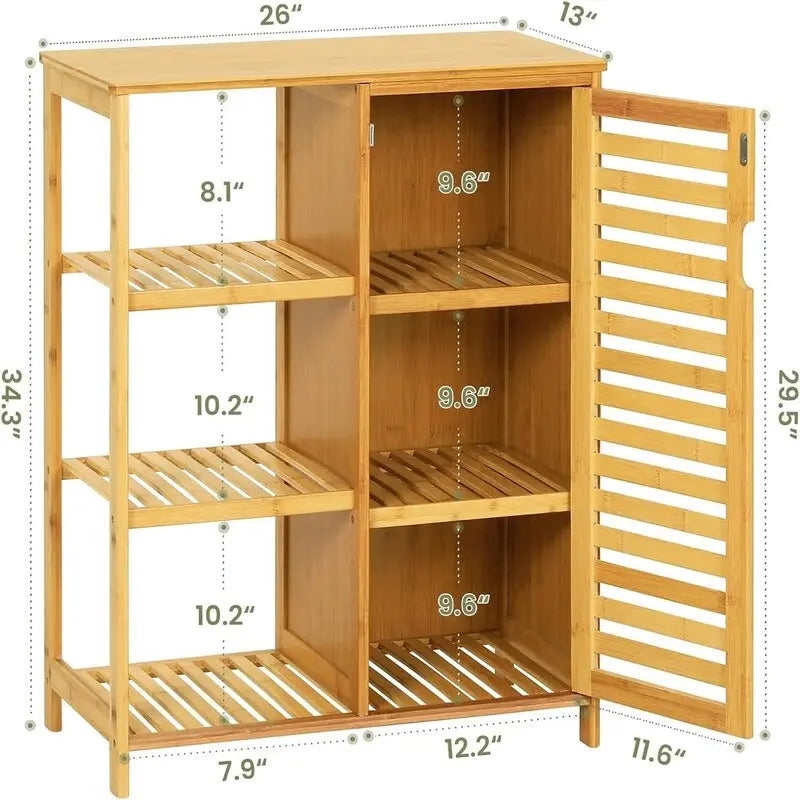 Bathroom Cabinet Bamboo Storage Cabinet with Doors and 3 Side Shelves - 6.3 D x 14.4 W x 36 H