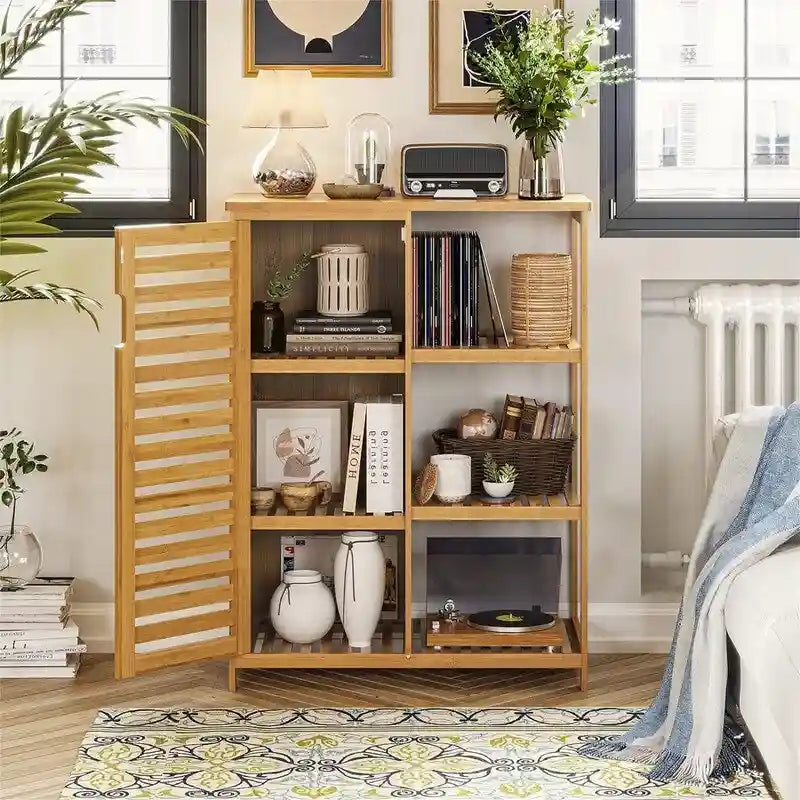 Bathroom Cabinet Bamboo Storage Cabinet with Doors and 3 Side Shelves - 6.3 D x 14.4 W x 36 H