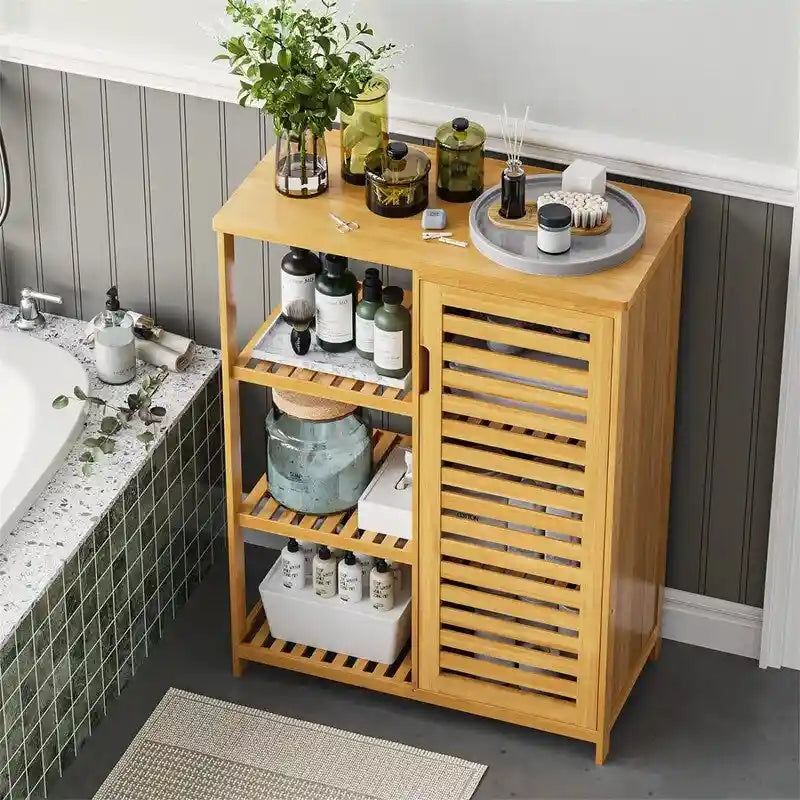 Bathroom Cabinet Bamboo Storage Cabinet with Doors and 3 Side Shelves - 6.3 D x 14.4 W x 36 H