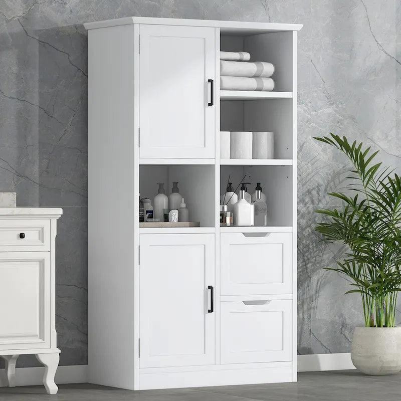 Meuble de rangement de salle de bain avec portes et tiroirs, multiples espaces de rangement, style autoportant, étagère ouverte, étagère réglable, blanc