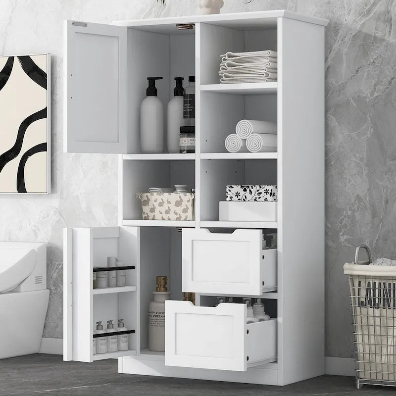 Meuble de rangement de salle de bain avec portes et tiroirs, multiples espaces de rangement, style autoportant, étagère ouverte, étagère réglable, blanc