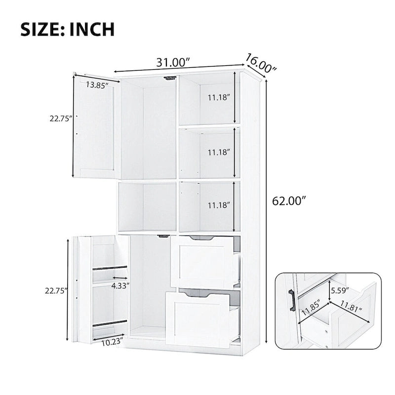 Meuble de rangement de salle de bain avec portes et tiroirs, multiples espaces de rangement, style autoportant, étagère ouverte, étagère réglable, blanc