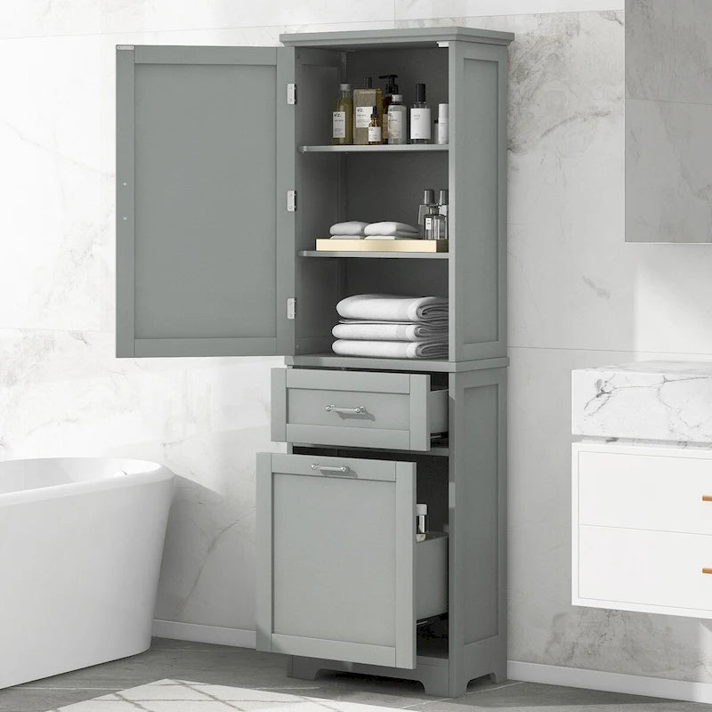 68 Tall Bathroom Storage Cabinet, Freestanding Storage Cabinet with Two Different Size Drawers and Adjustable Shelf, MDF Board