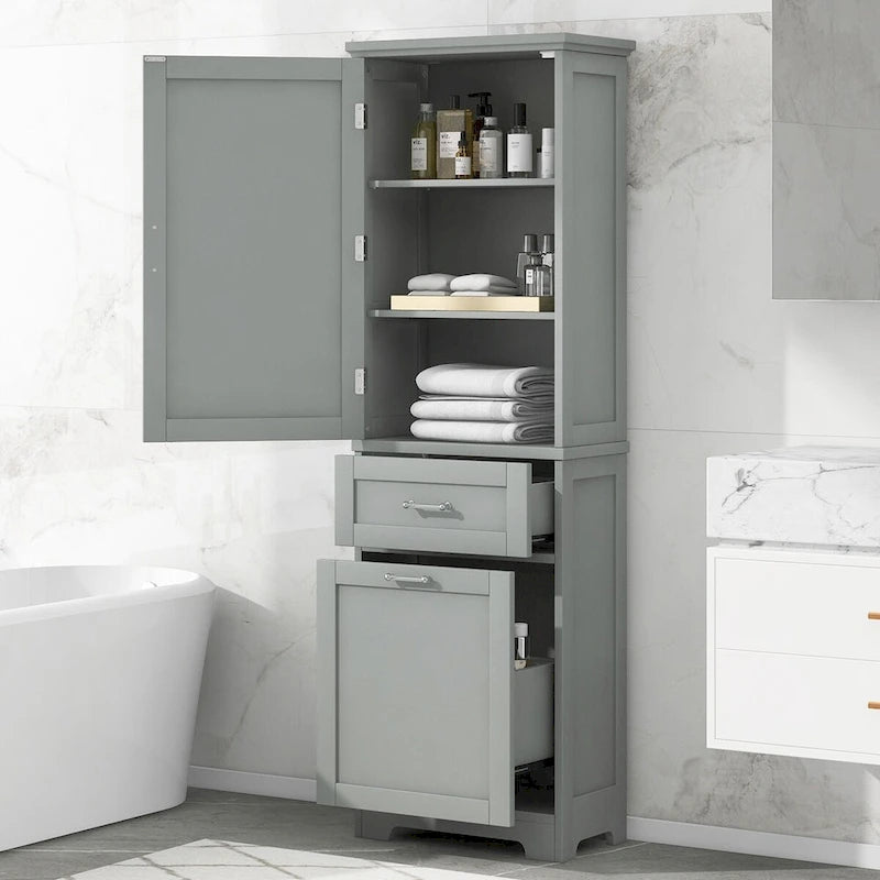 68 Tall Bathroom Storage Cabinet, Freestanding Storage Cabinet with Two Different Size Drawers and Adjustable Shelf, MDF Board