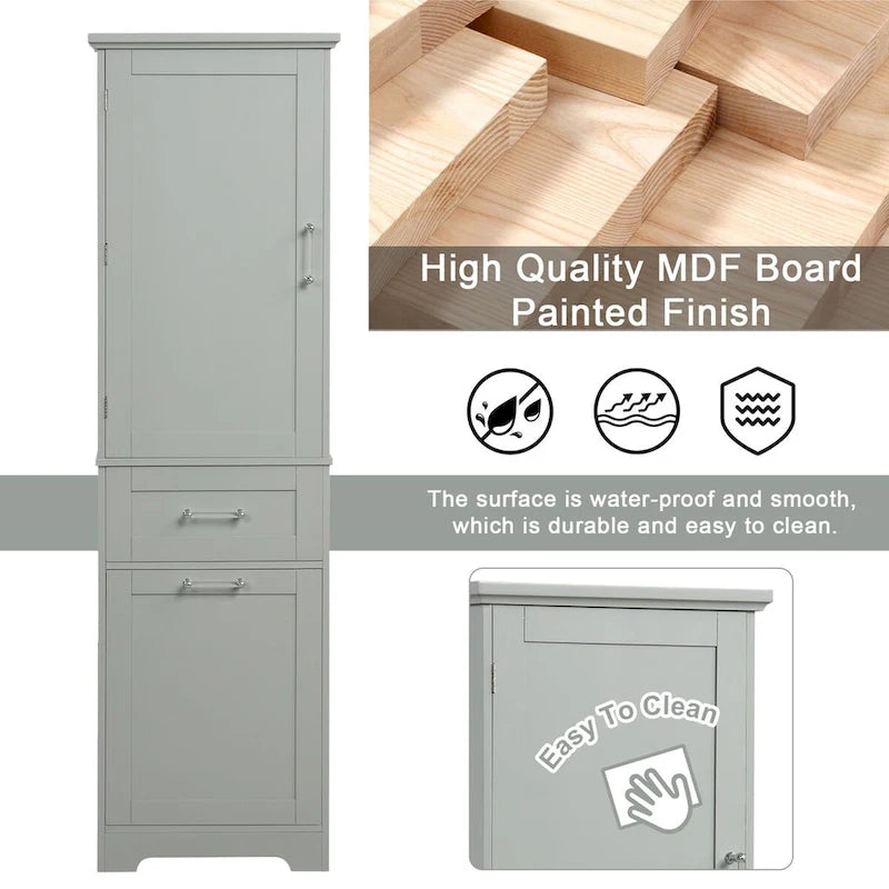68 Tall Bathroom Storage Cabinet, Freestanding Storage Cabinet with Two Different Size Drawers and Adjustable Shelf, MDF Board